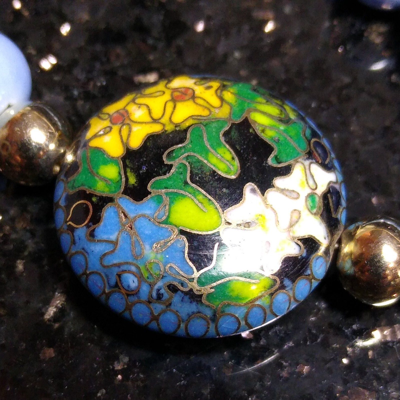 CERAMIC Bead Chinese CLOISONNE Lily Flower Ivy 20″ Necklace Periwinkle Tone EUC!