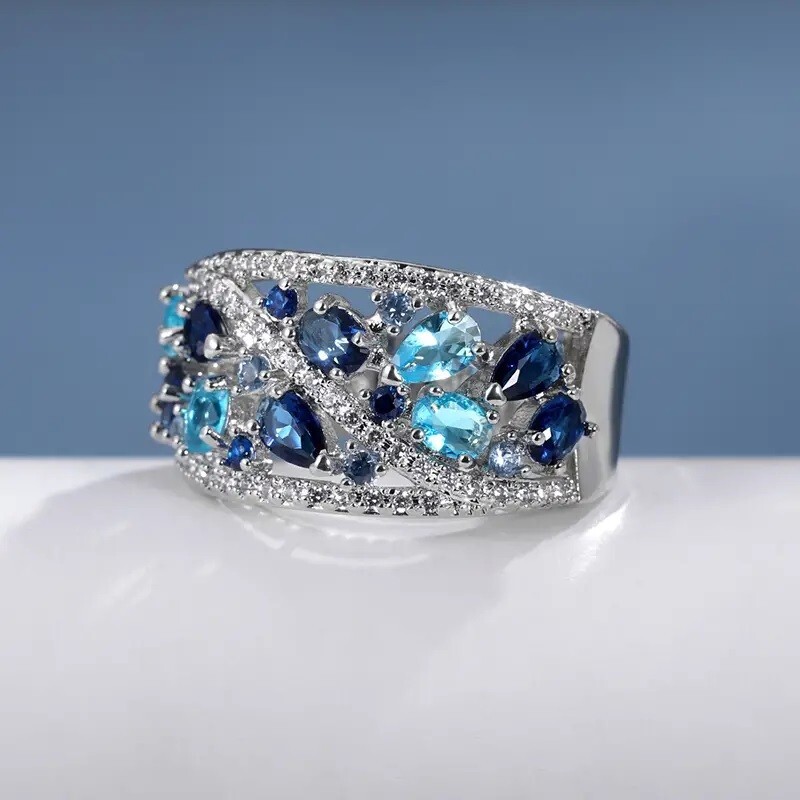 Elegant 925 Sterling Silver Blue White Topaz Wedding Engagement Ring Size 8