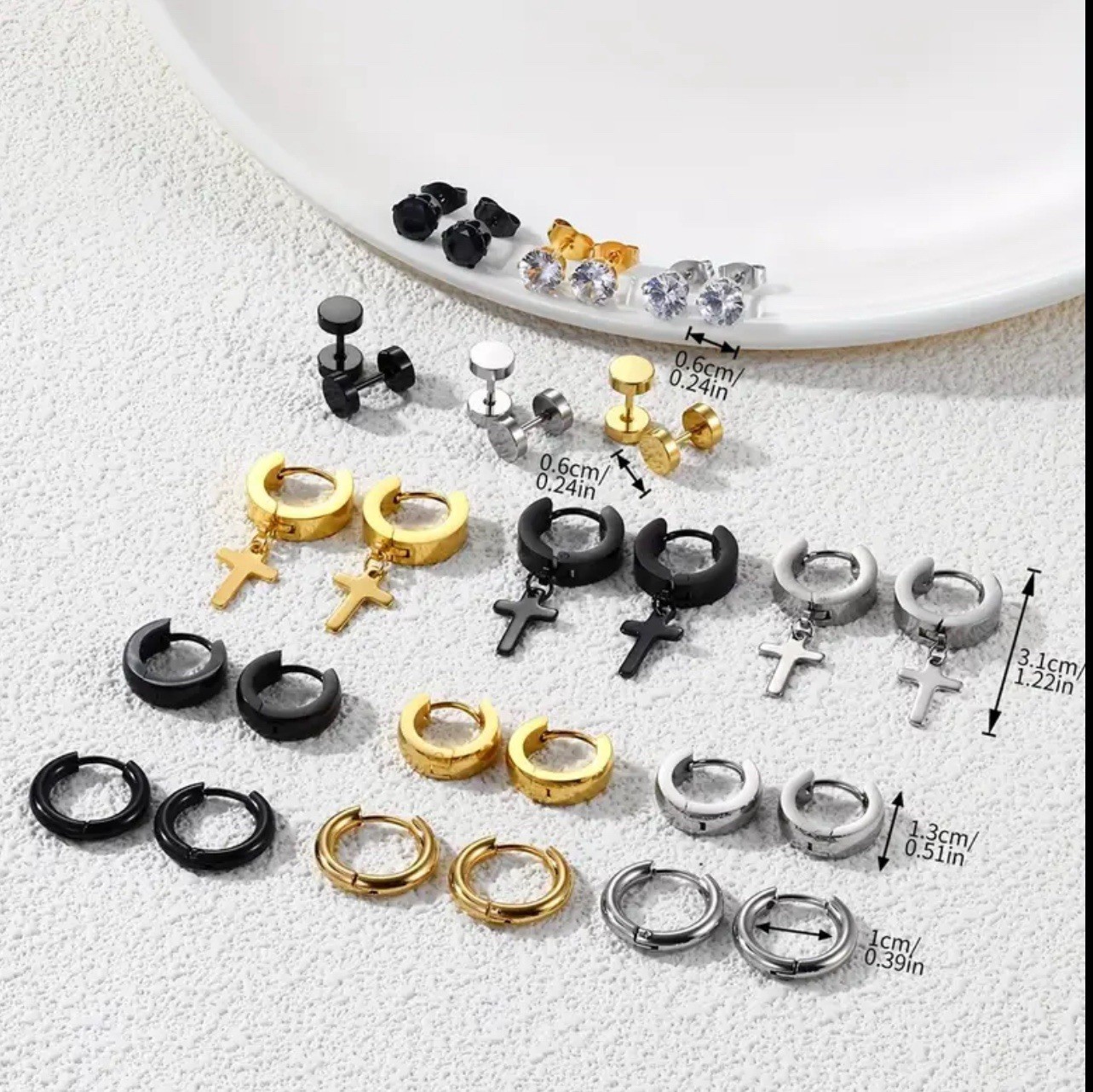 30pcs Men’s Casual Earrings Set – Stainless Steel Studs & CZ Hoops