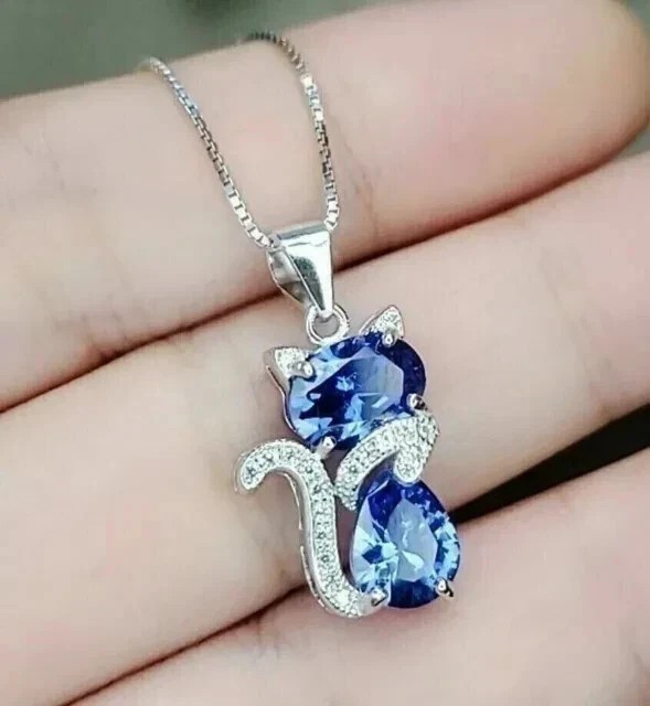 2Ct Oval Cut Simulated Blue Tanzanite Women Cat Pendant In 14k White Gold Plated