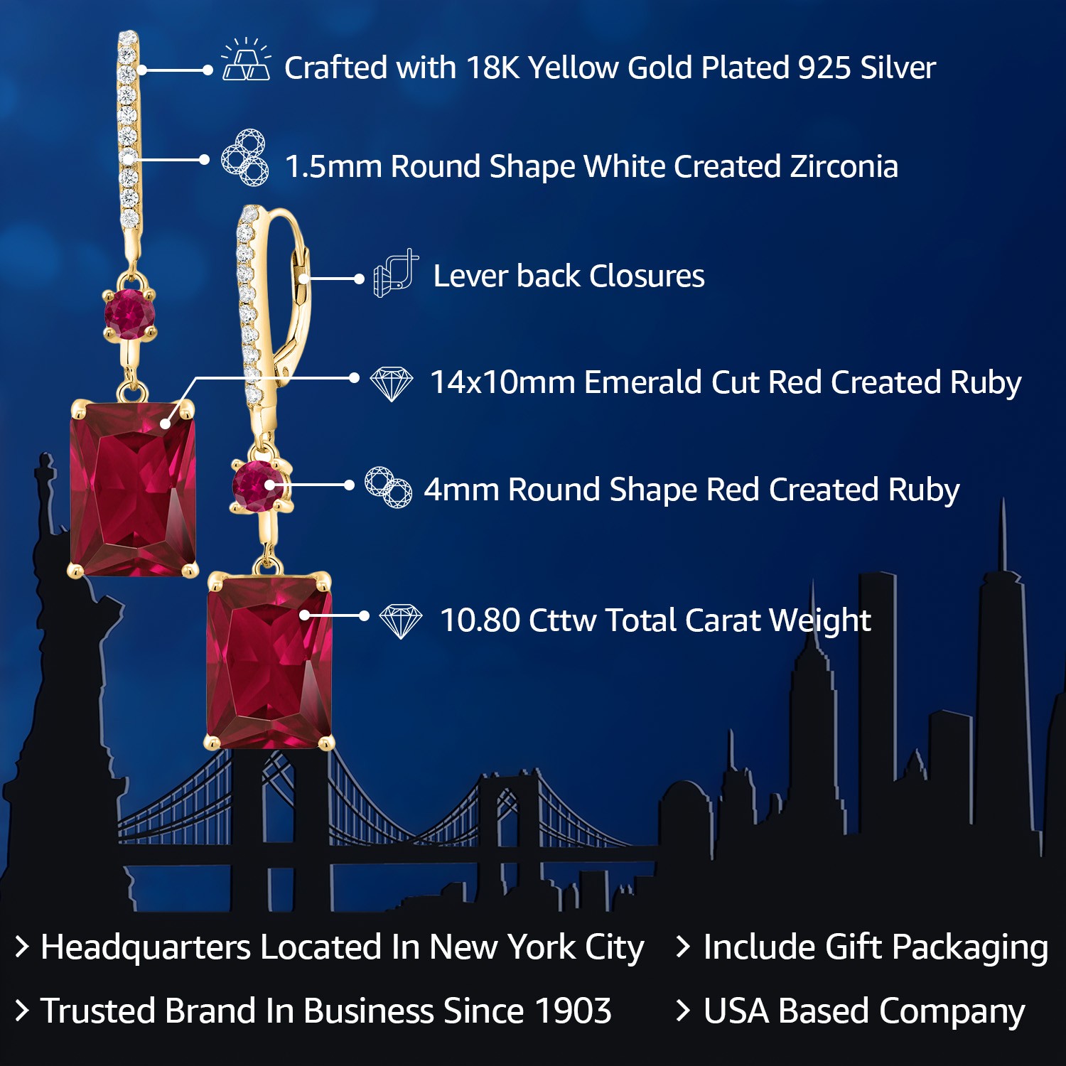 Created Ruby Drop Dangle Earrings For Women | 10.80 Cttw | 14X10MM Emerald Cut