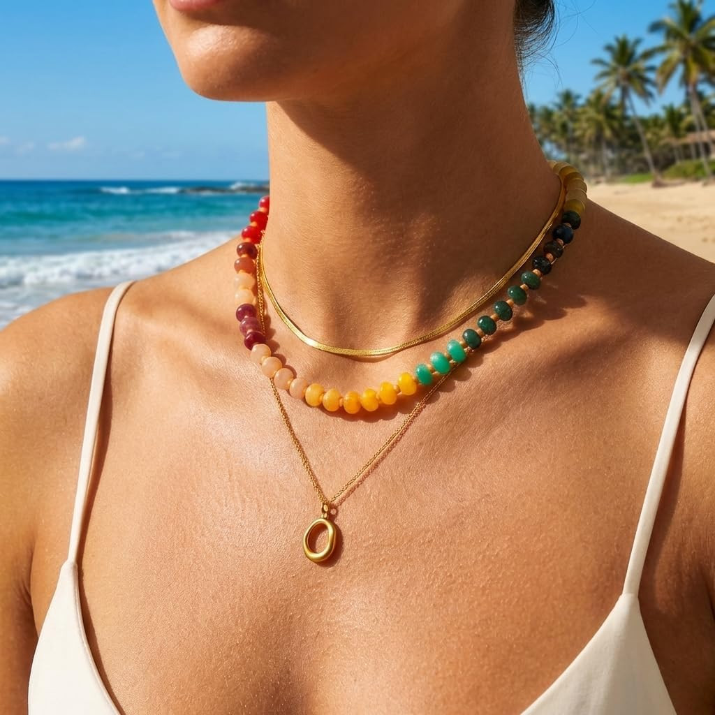 Layered Beaded Necklace for Women Colorful Trendy Snake Chain Circle Pendant Cho