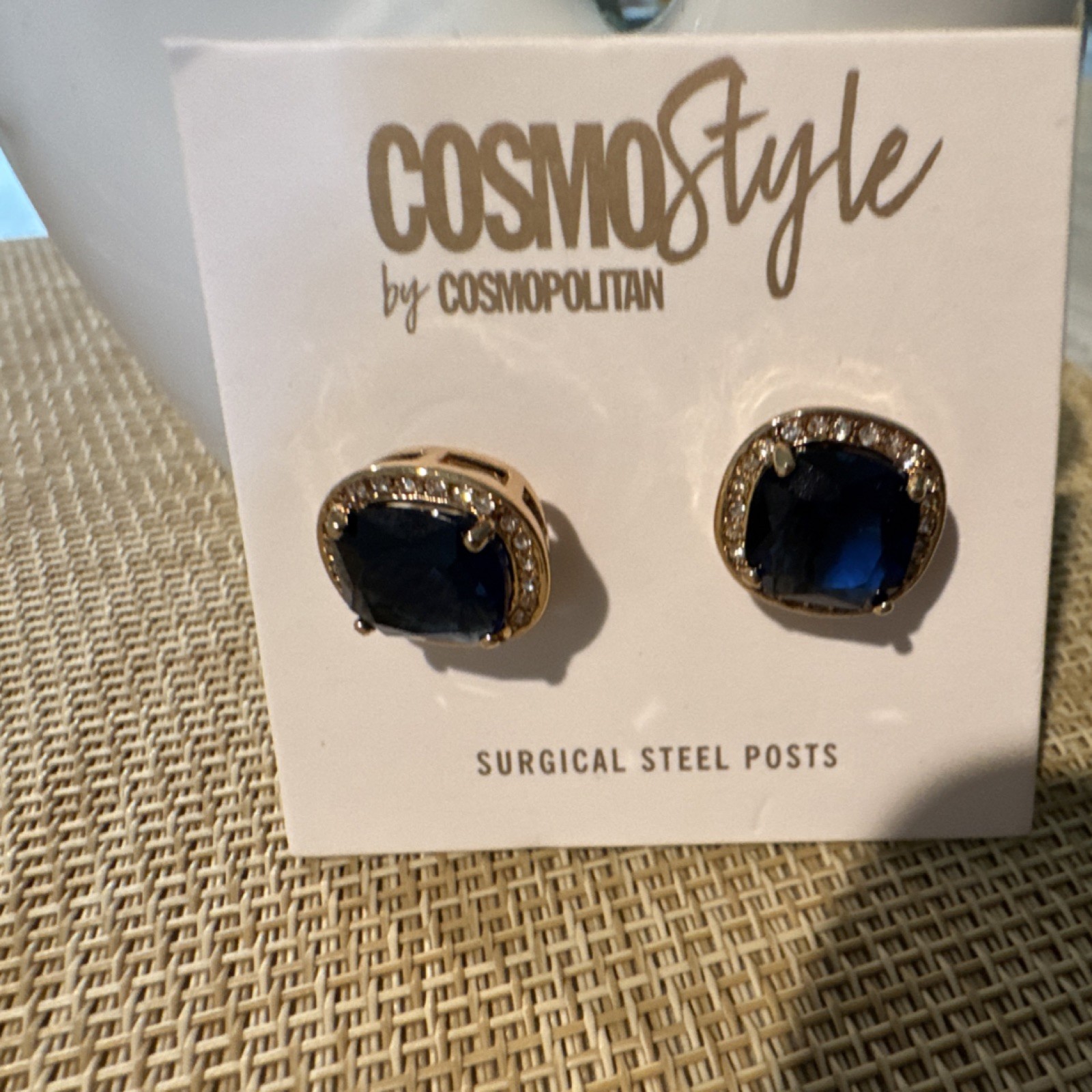 COSMOStyle by Cosmopolitan Blue Cushion Crystal Stud Earrings Gold Tone