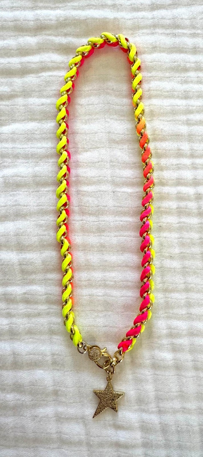 BRACHA Strand NECKLACE STAR Pendant w/ CORD Neon Pink Yellow Orange 15″ $$