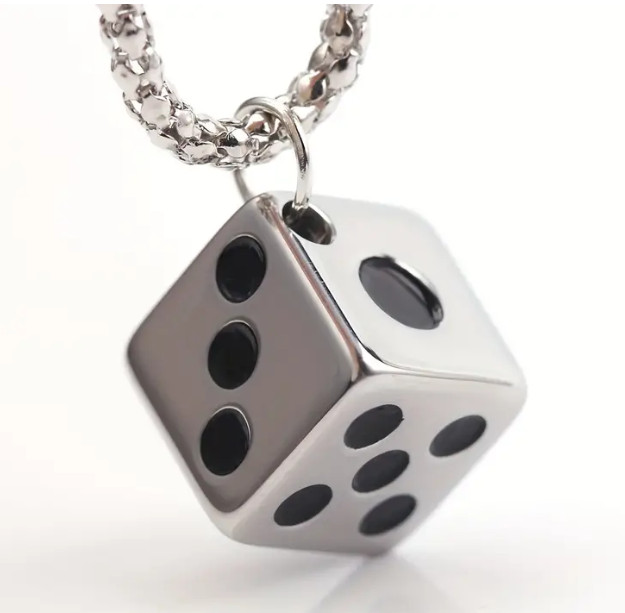 New 6 Sides Steel Silver Dice Necklace Dice Figured Men’s Lucky