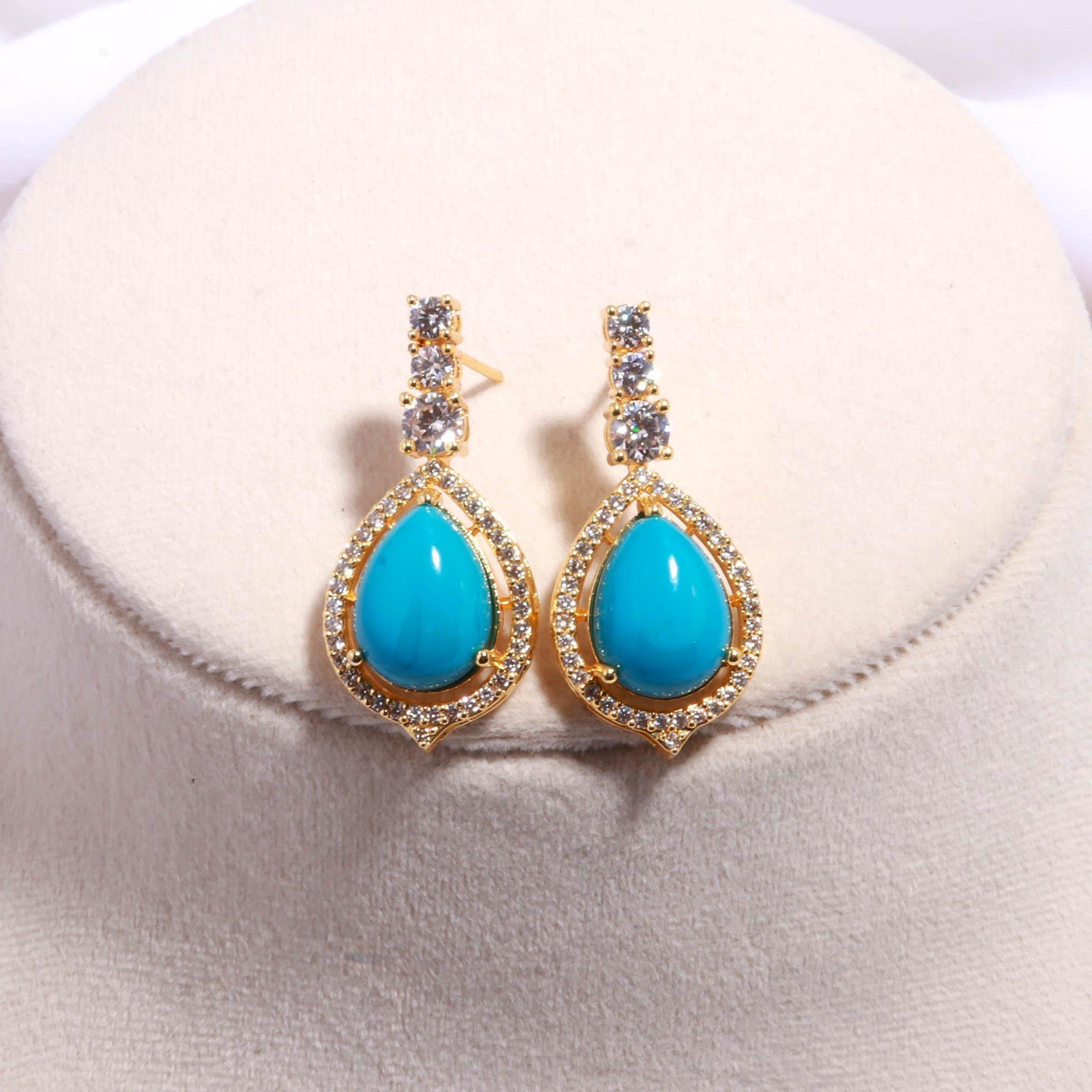 22K Gold Plated Brass Turquoise Teardrop CZ Necklace Earring Set Women Gift