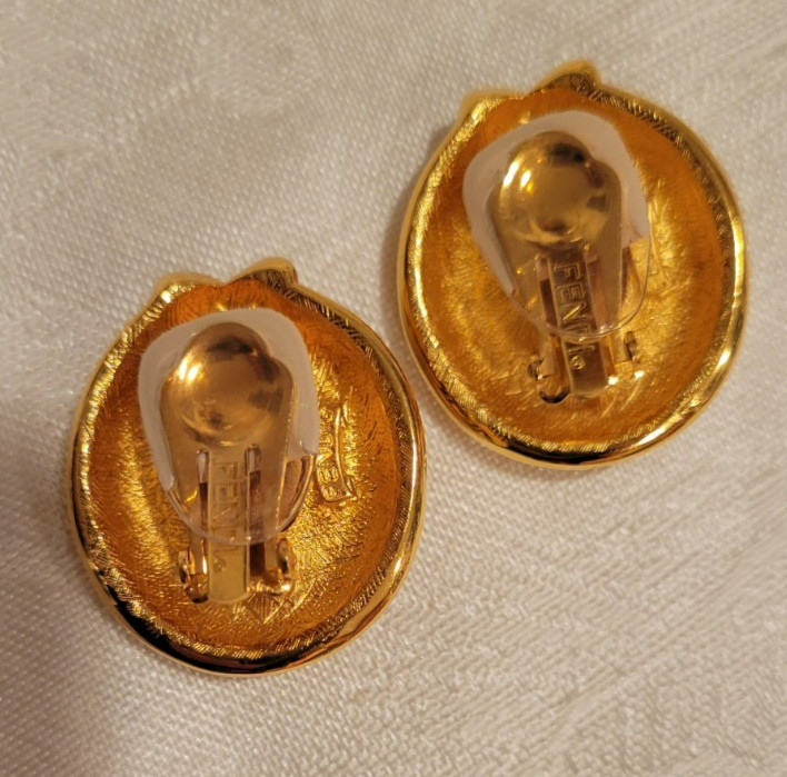 MINT Fendi Gold Plate Logo Necklace Milky Quartz Gripoix/Clip Earrings VTG