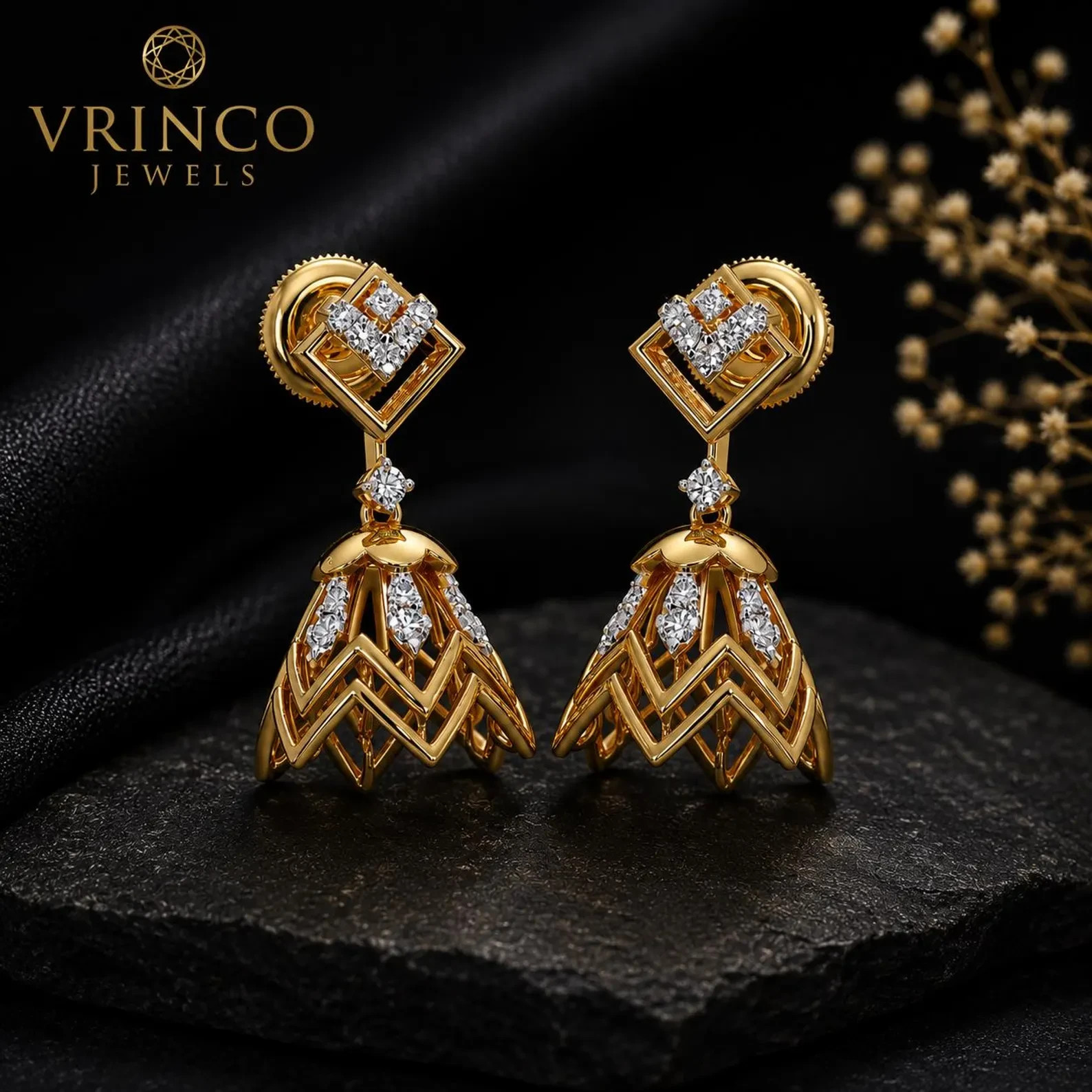 Fairy Tale 18KT Yellow Gold Lab Grown Diamond Jhumka Earrings Luxury Bridal