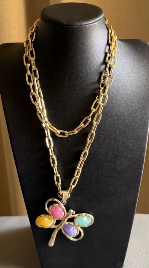 Gold Tone Paperclip Chain Link Necklace Multicolor Dragonfly Acrylic Stones 38″
