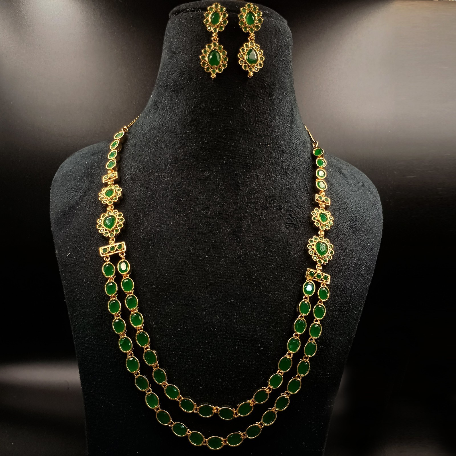 Vintage 2 Layer Green Emerald Choker Necklace Earrings Set 22K Gold Plated Gift