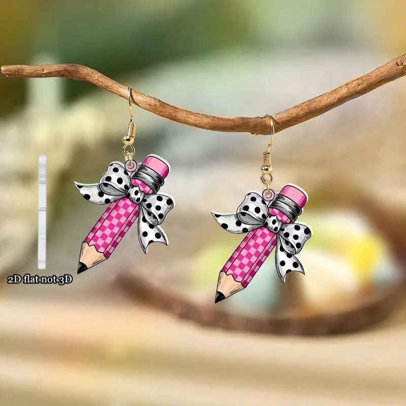 4 Pairs of Acrylic Back-to-school Teacher’s Day Bow Pencil Earrings