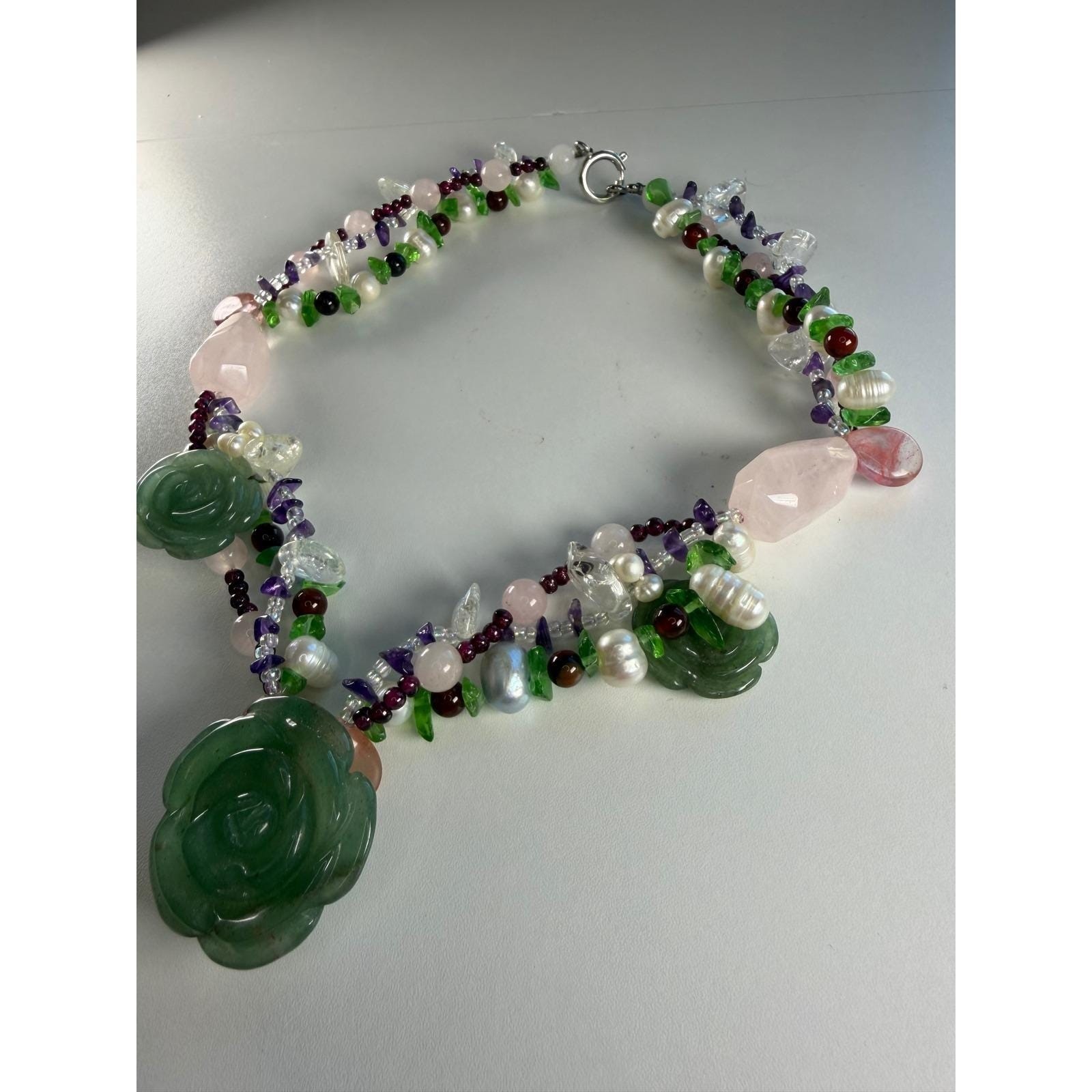 Green Aventurine Carved Rose Gemstone Pearl Multi-Strand Statement Necklace Boho