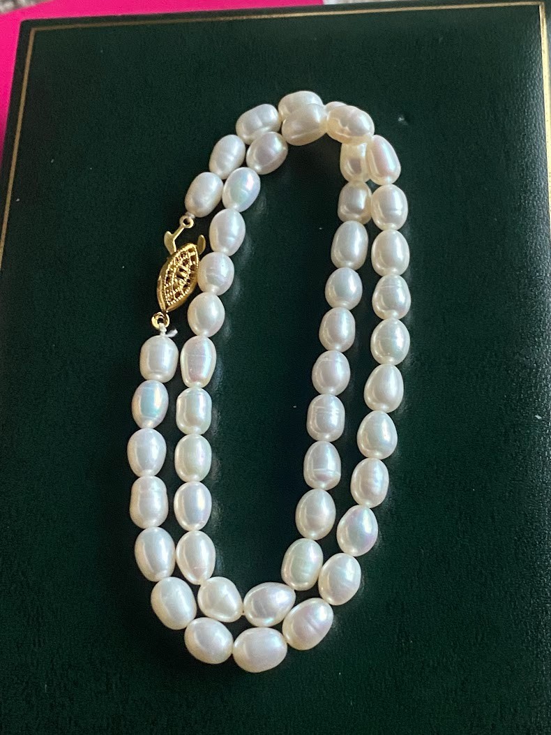 Vintage White Freshwater Cultured Pearl Necklace – 40cm Rice Bead Choker Pin