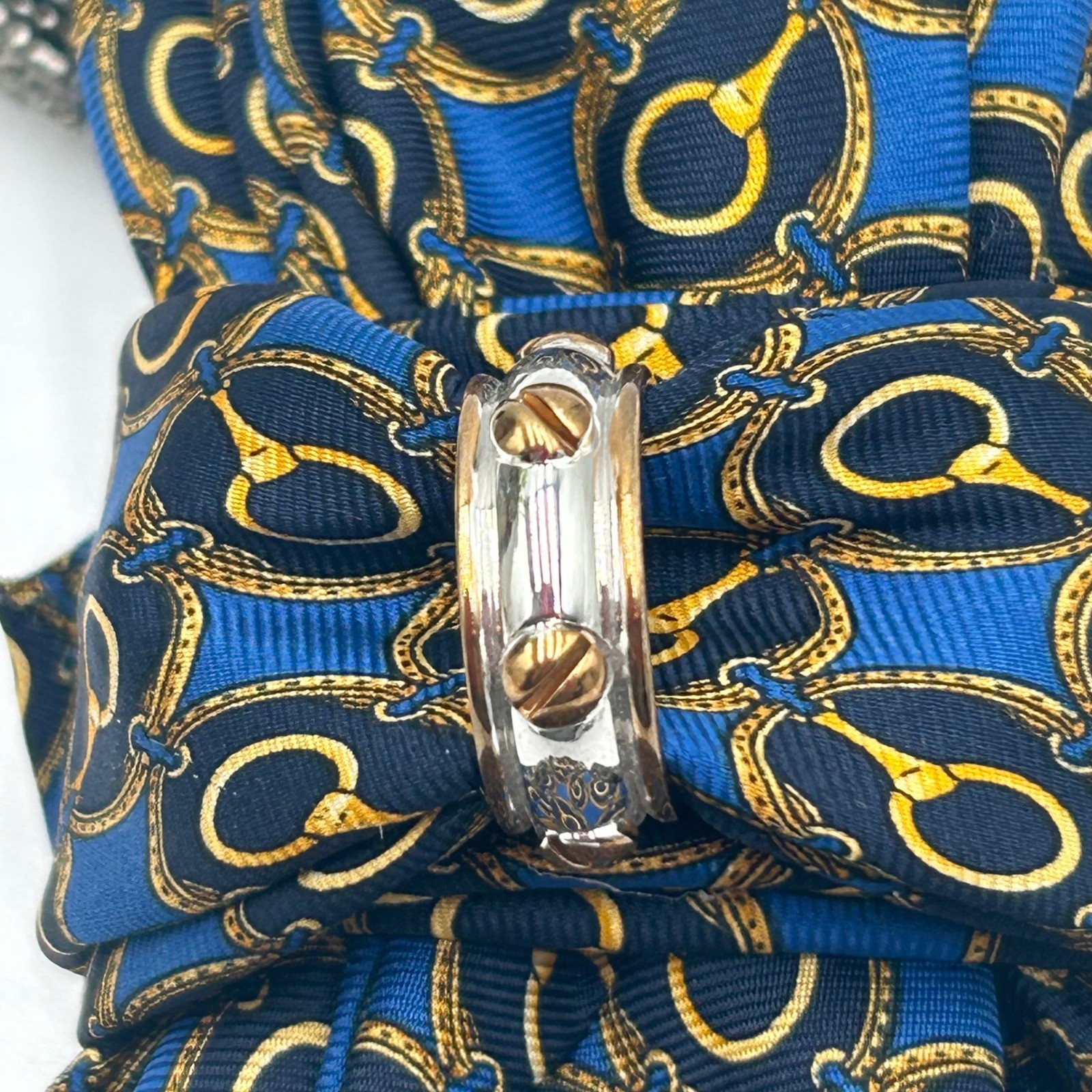 Club Room Silk Tie Horse Necklace Western Equestrian Blue Gold Crystal Brooch