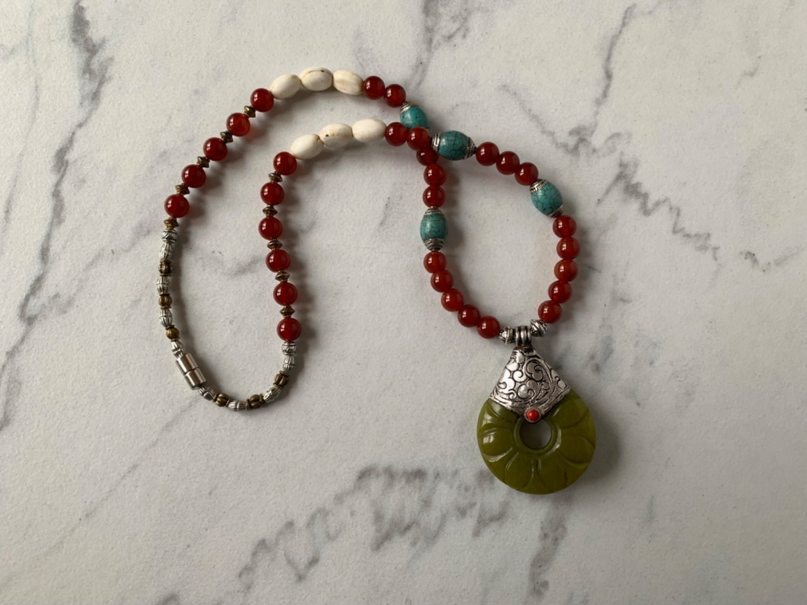 Tibetan Silver Green Jade Amulet and Carnelian 21″ Necklace 30