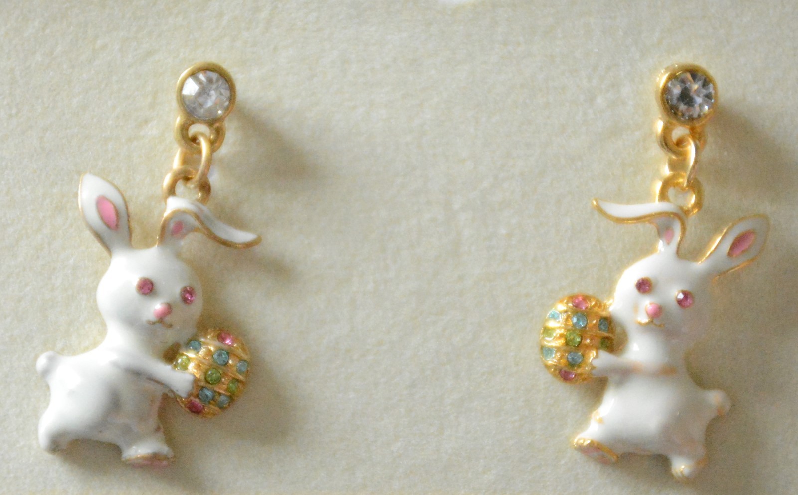 Easter Bunny w Easter Egg Dangling Post Earrings / Gold-tone w Crystals / Pastel