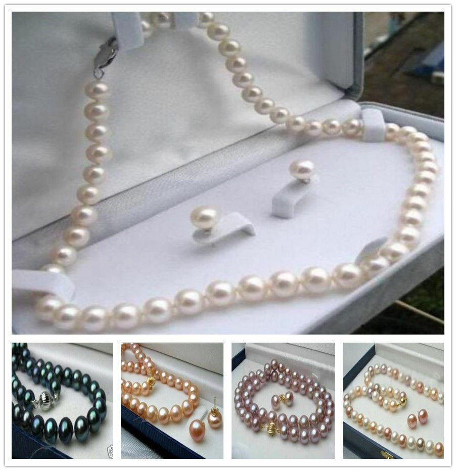 18 Inch Long 7-8mm Real Natural 5 Color Cultured Pearl Necklace Earrings