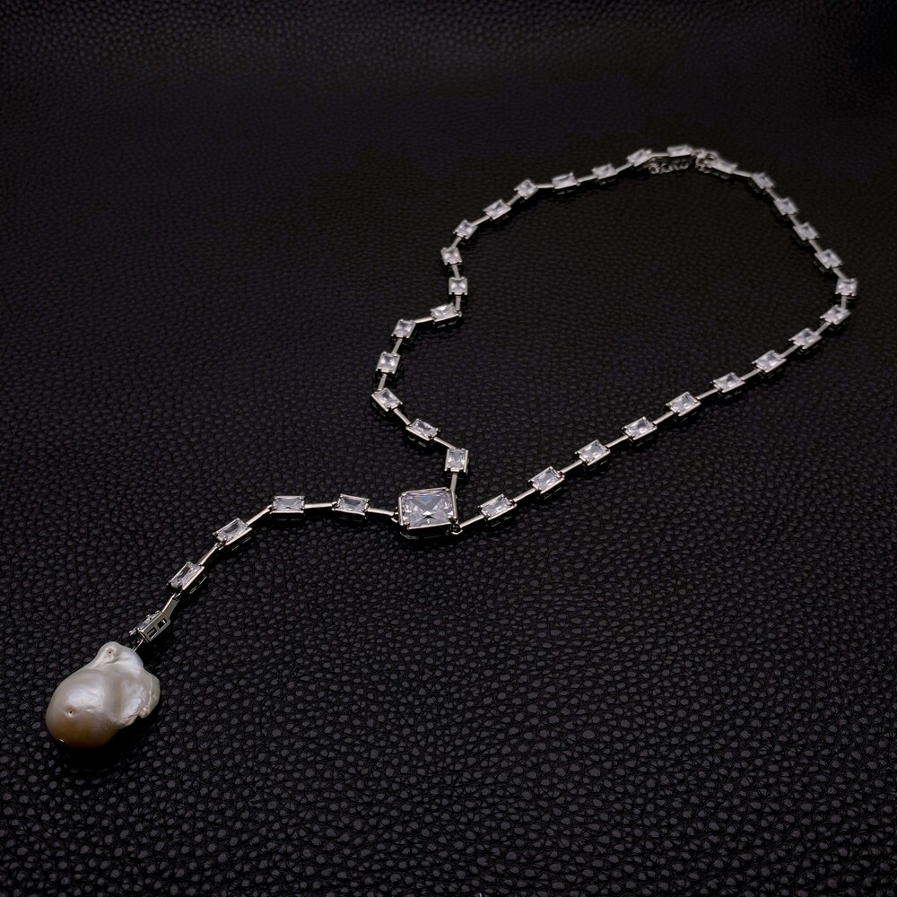 Rectangle Cubic Zirconia White Gold Plated Cultured White Keshi Pearl Necklace