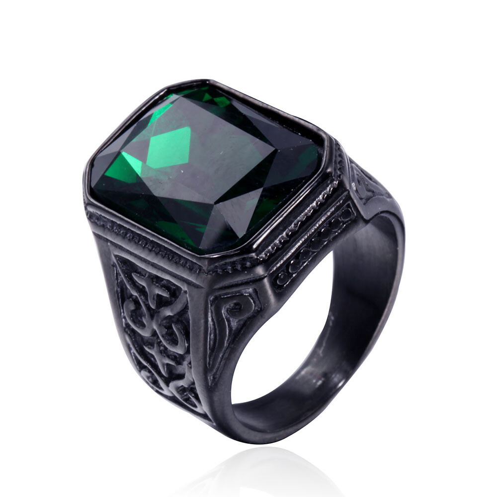 Men Big Stone Ring Stainless Steel Vintage Wedding Promise Cocktail Party Biker
