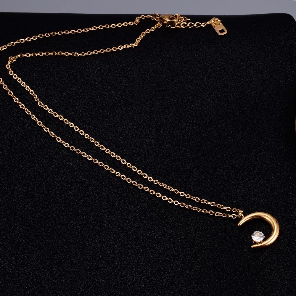18K Yellow Gold Plated Moon Crescent Star Pendant Charm Necklace Woman’s Gift