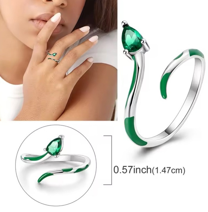 Adjustable Ring Green Emerald Snake Gift Good Quality Retro Silver S925