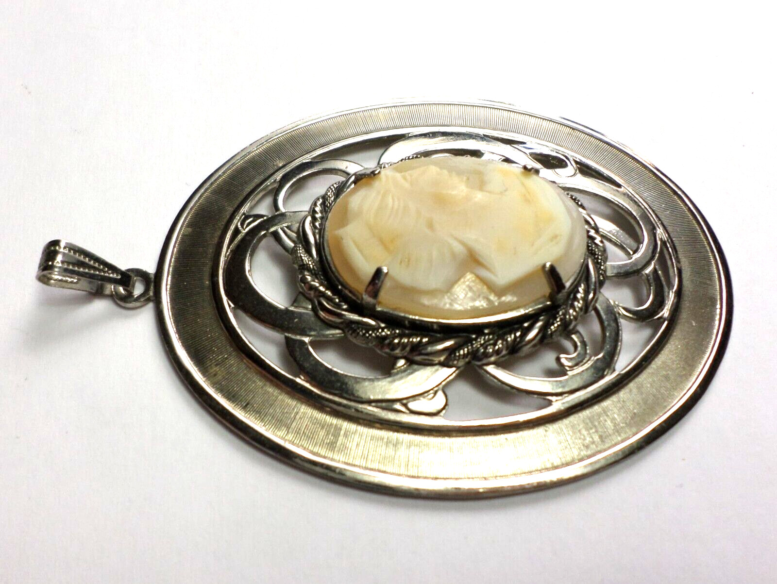 Vintage Woman Shell Cameo 30x22mm Facing Right XLarge Silver Pendant 84x55mm