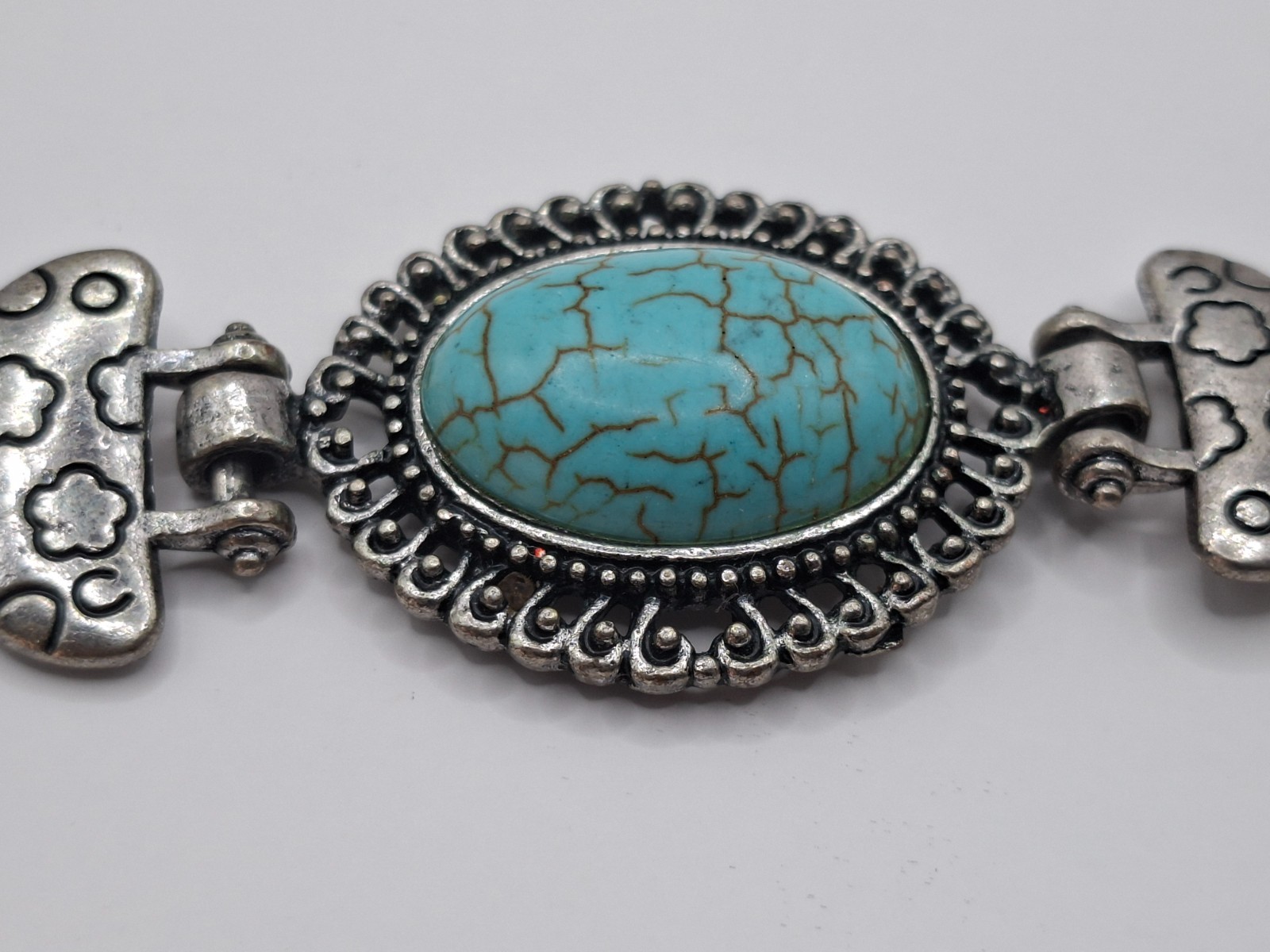Turquoise Style Blue Stone Silver Tone Link Bracelet Boho Jewelry