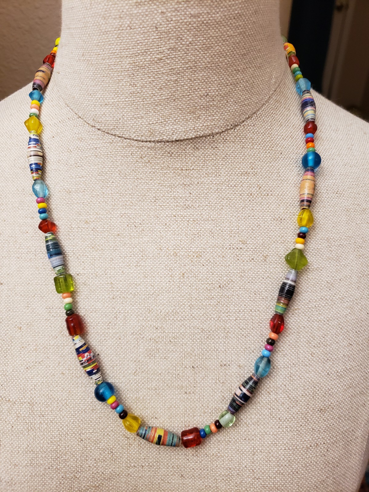 Handmade Colorful Glass and Paper Bead Casual Boho Necklace. 22″