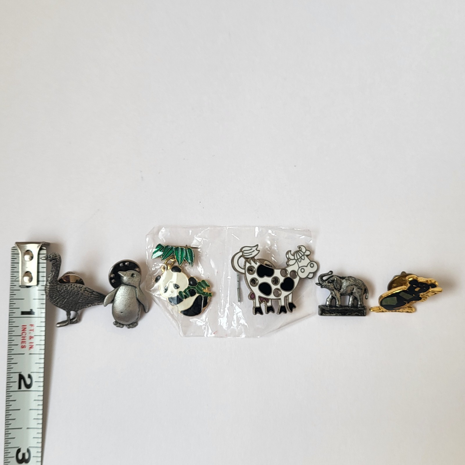 Mixed Animal Brooch Pin Lot (6) Metal Duck Cow Koala Penguin Panda Elephant Duck