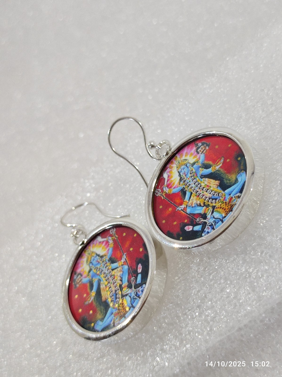 Handmade 92.5 Sterling Silver Glass Framed Goddess Kali Maa Light Weight Earring