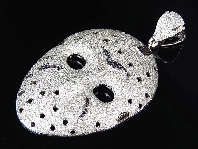 Big 35.50 Gm Solid 925 Silver Round CZ Friday13th Jason Mask Pendant 12.0Ct New*