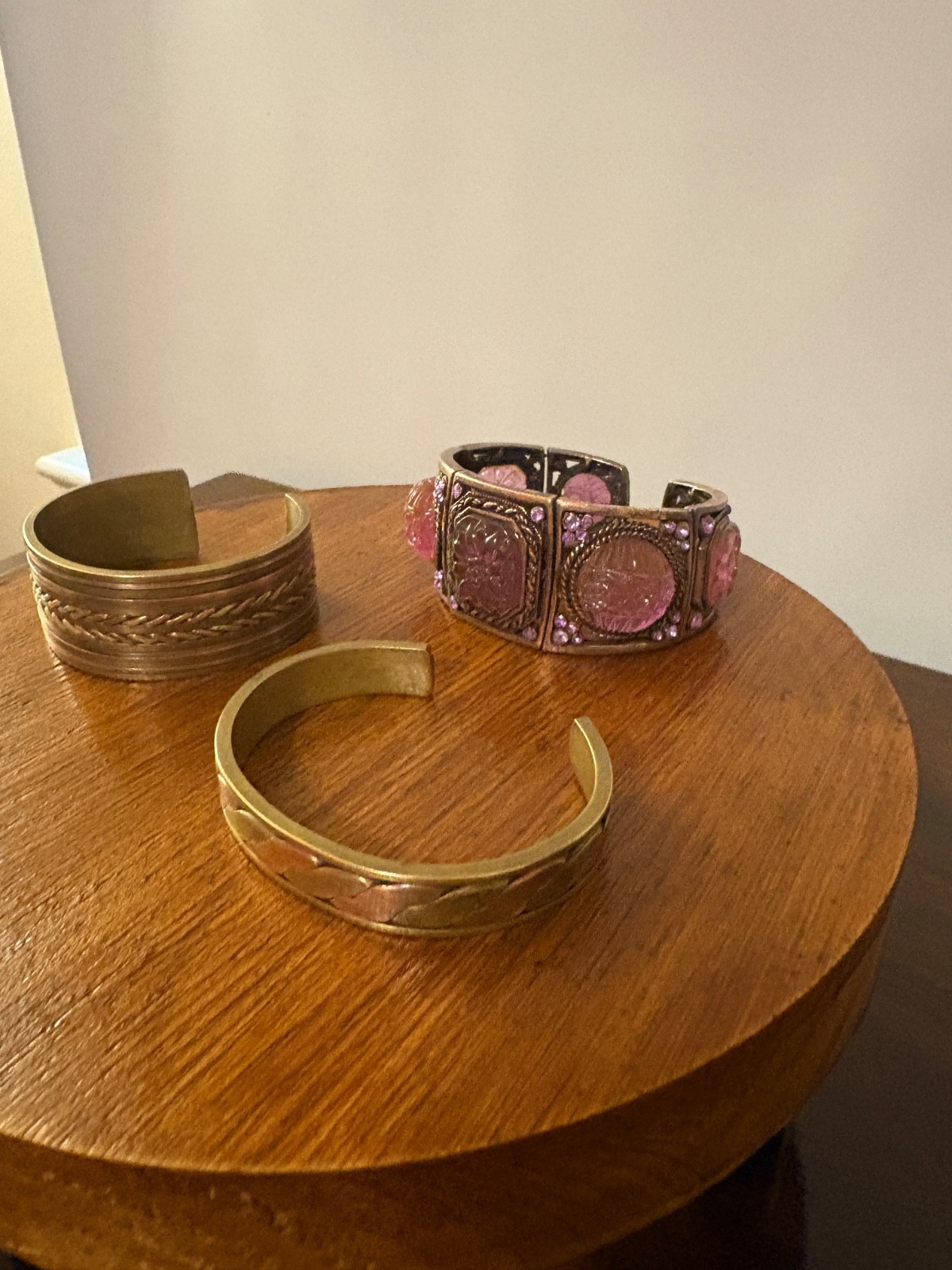 3 Vintage Chunky Slip on Bangle Bracelets Brass Pink Copper Mix