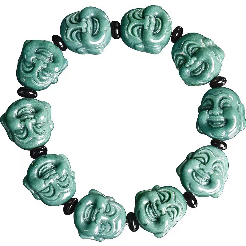 Certified Real Grade A Natural Jade Jadeite Carved Smile Buddha Beads Bracelet