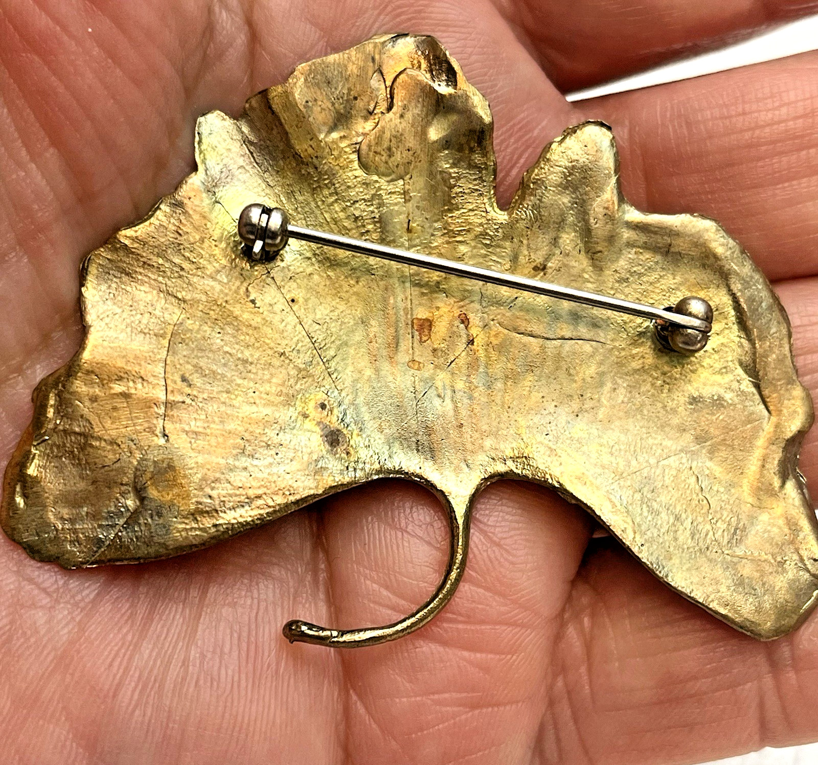 Botanical Metal Ginkgo Leaf Brooch Pin Artisan Textured Metallic Finish Unsigned