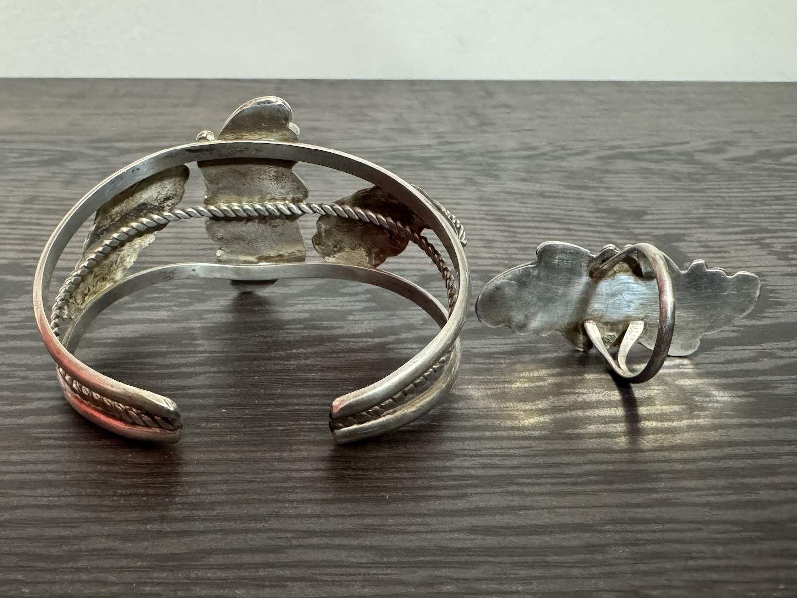 Vintage Native Sterling Silver Mother of Pearl & Turquoise Cuff and Ring Set