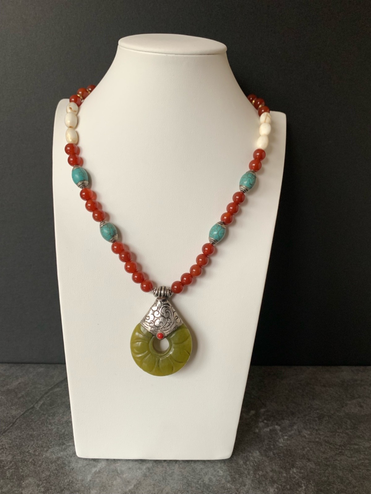 Tibetan Silver Green Jade Amulet and Carnelian 21″ Necklace 30