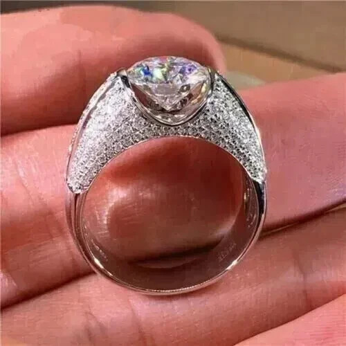3CT Round Cut Real Moissanite Engagement Men’s Ring 14K White Gold Plated Silver