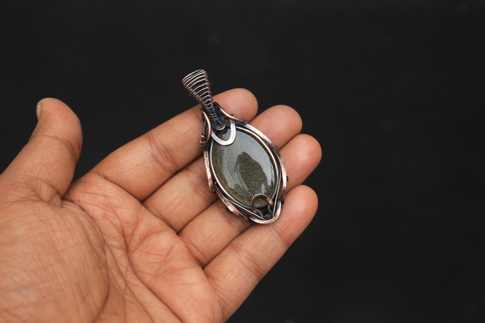 Golden Sheen Obsidian Copper Pendant Wire Wrap Gemstone fashion Jewelry N474