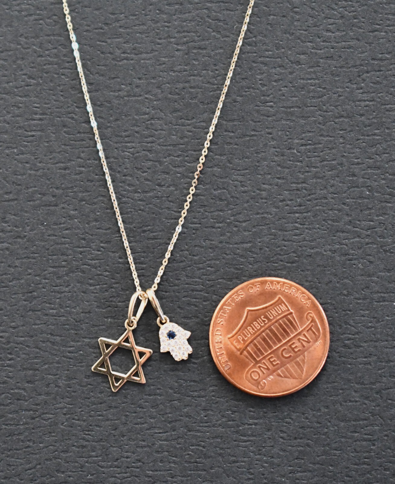 New 14K YELLOW GOLD STAR OF DAVID & HAMSA with CZ Stones Pendant Necklace