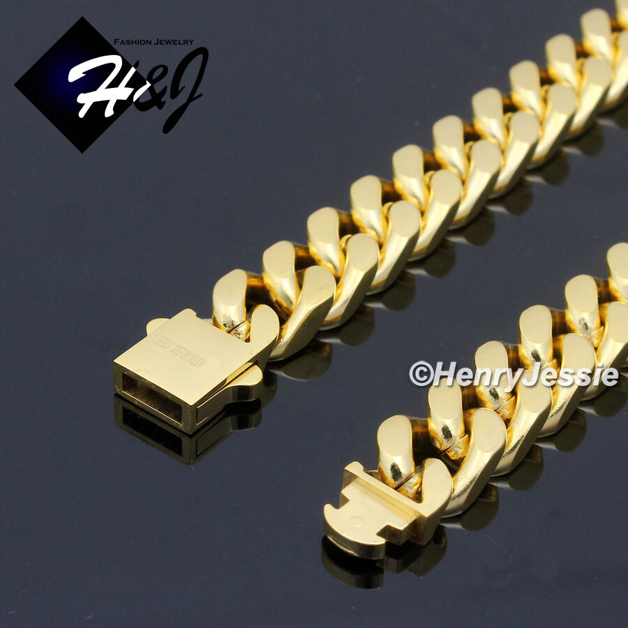 7.5″-11″MEN Stainless Steel 12mm Gold Plated Miami Cuban Curb Chain Bracelet*166