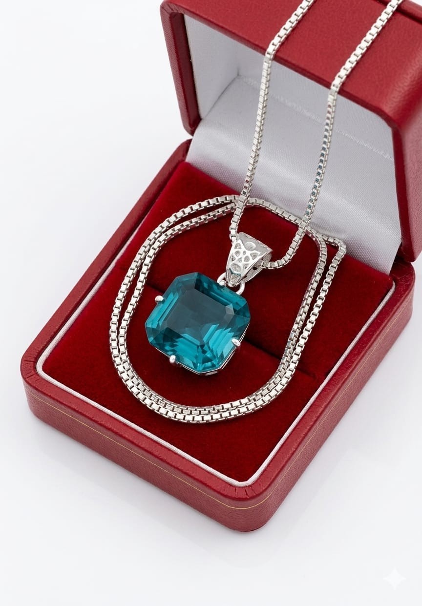 28 Ct Certified Natural Asscher Cut Green Paraiba Tourmaline 925 Silver Pendant