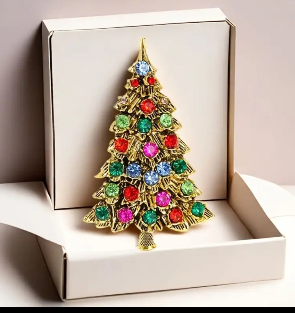 VTG RED GREEN PINK BLUE GOLD CHRISTMAS TREE LIGHTS~RHINESTONE CRYSTAL BROOCH PIN
