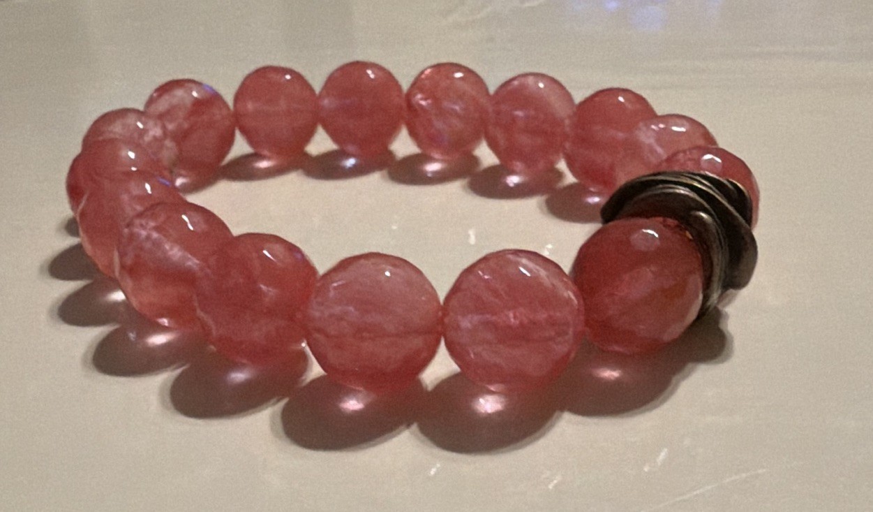 Pink Stone Beaded Stretch Adjustable Bracelet Round Beads Metal Spacer Charm