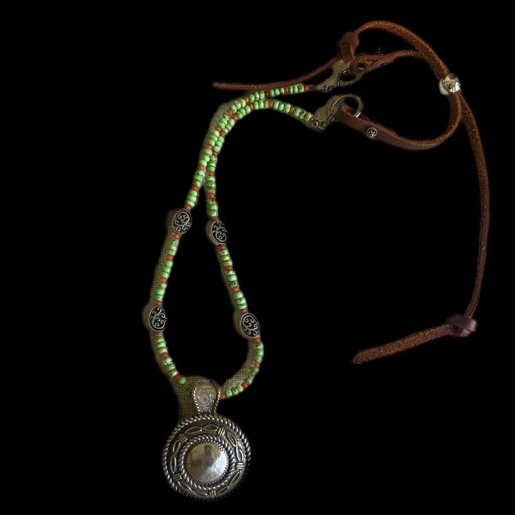 Handmade Salmon Coral Necklace Southwestern Silver Medallion Green Beaded Leathe