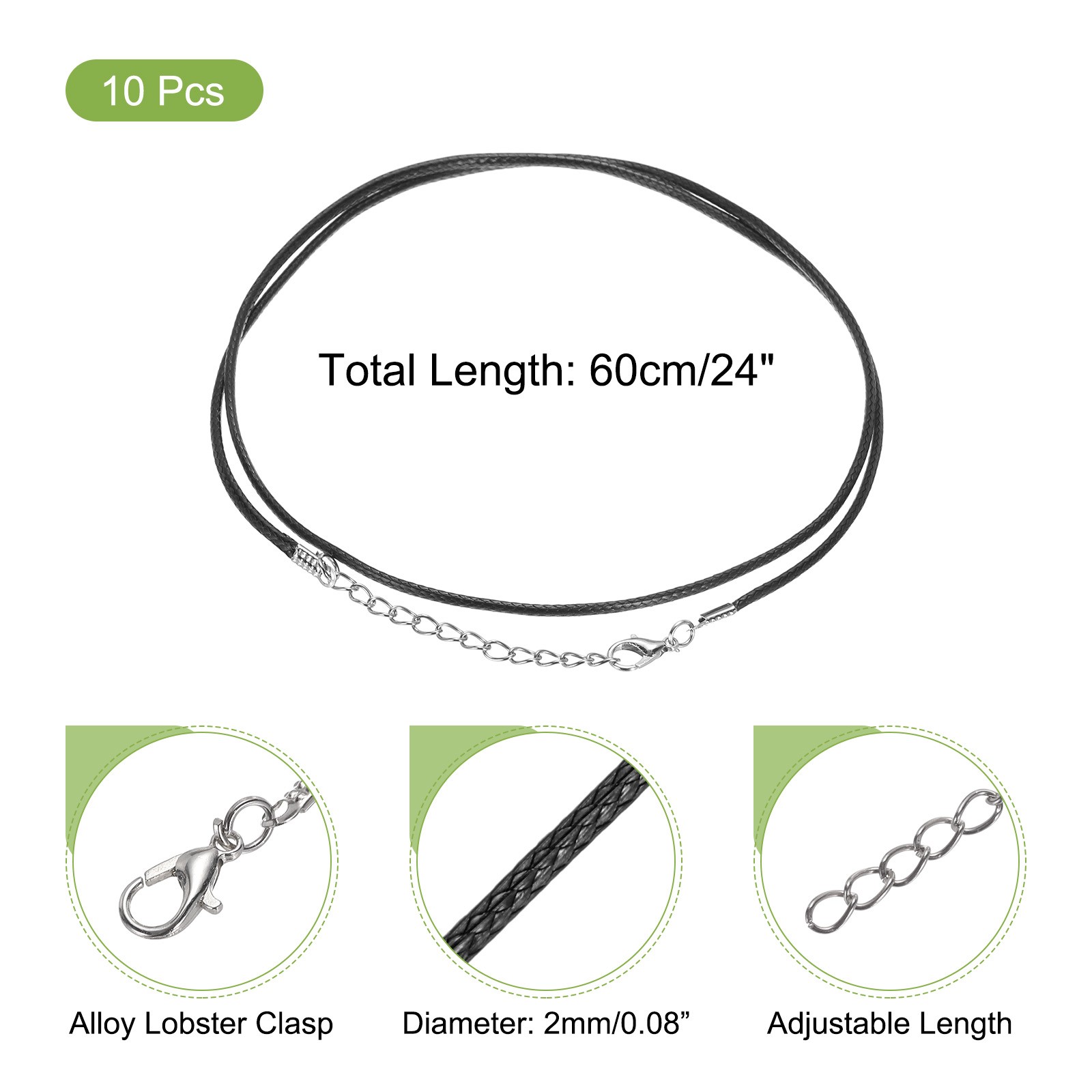 10pcs 24 Inch Waxed Necklace Cord 2mm for Jewelry Making Black