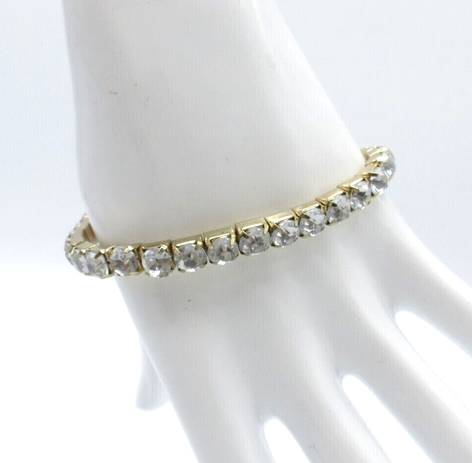 Rhinestone Stretch Bracelet Gold Tone Simple Everyday Wear 7.5″ *