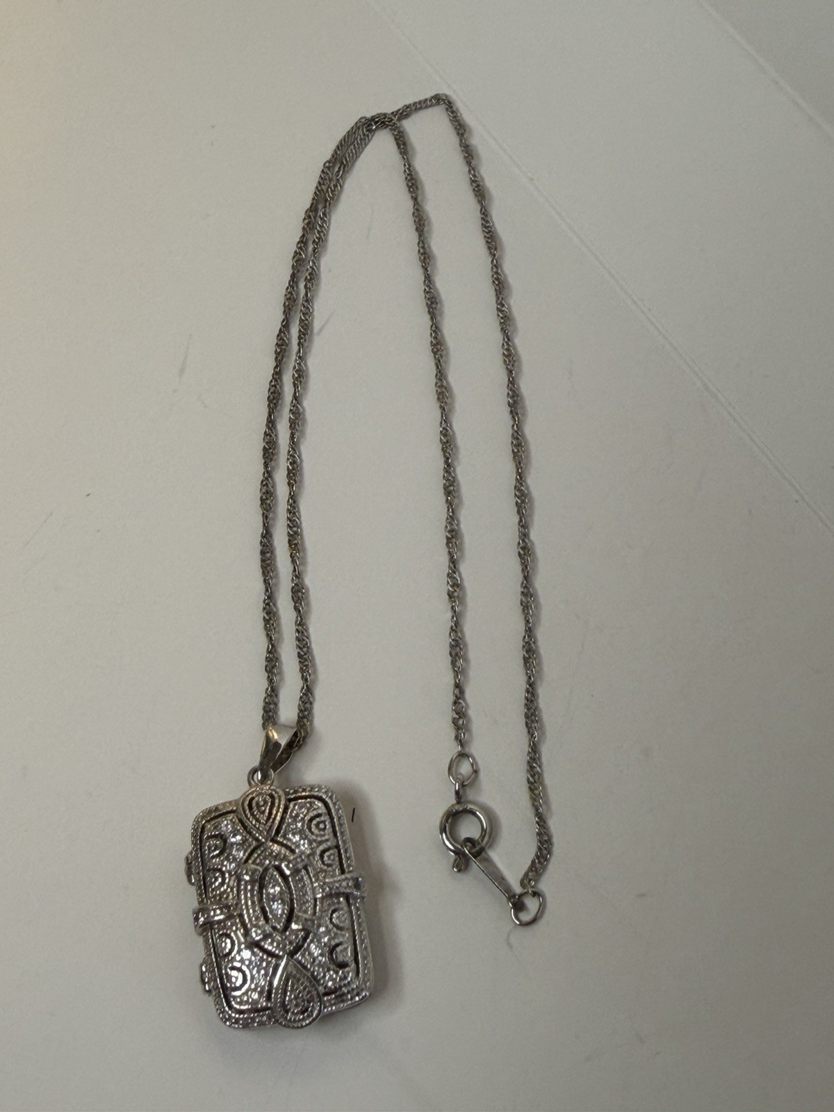 925 Sterling Silver rectangle locket pendant with 16in 18K GP Silver Rope Chain