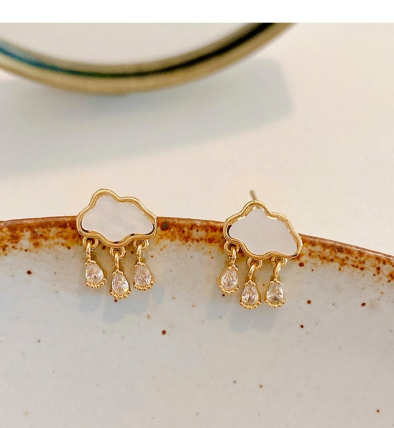 Pretty White Enamel Cloud Tears Zircon Tassel Hanging Gold-plated Drop Earrings