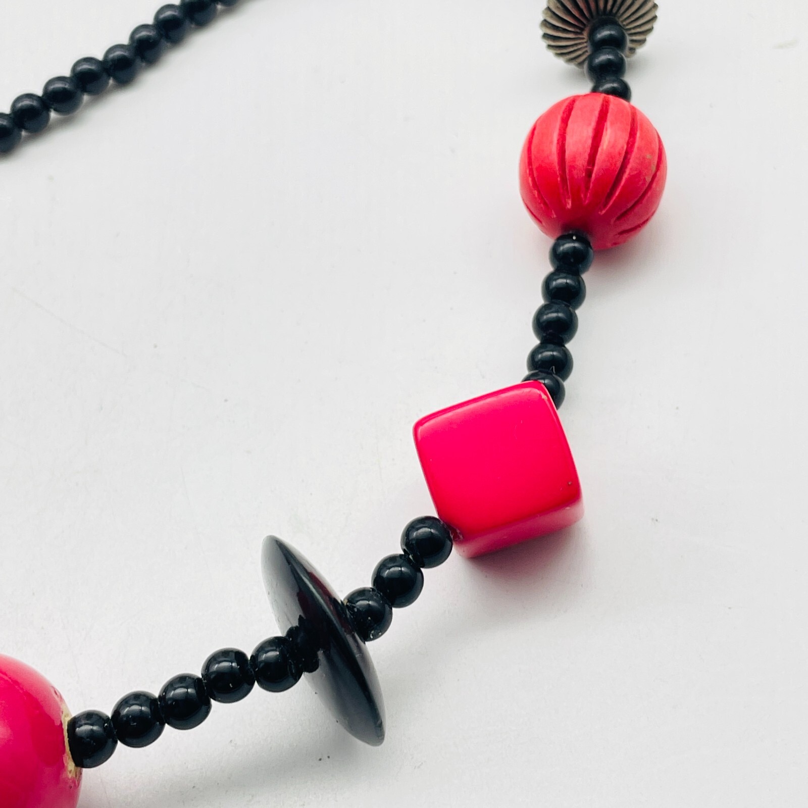Beaded Station Necklace Black Pink White Orange Silver Tone Chunky Boho Festival