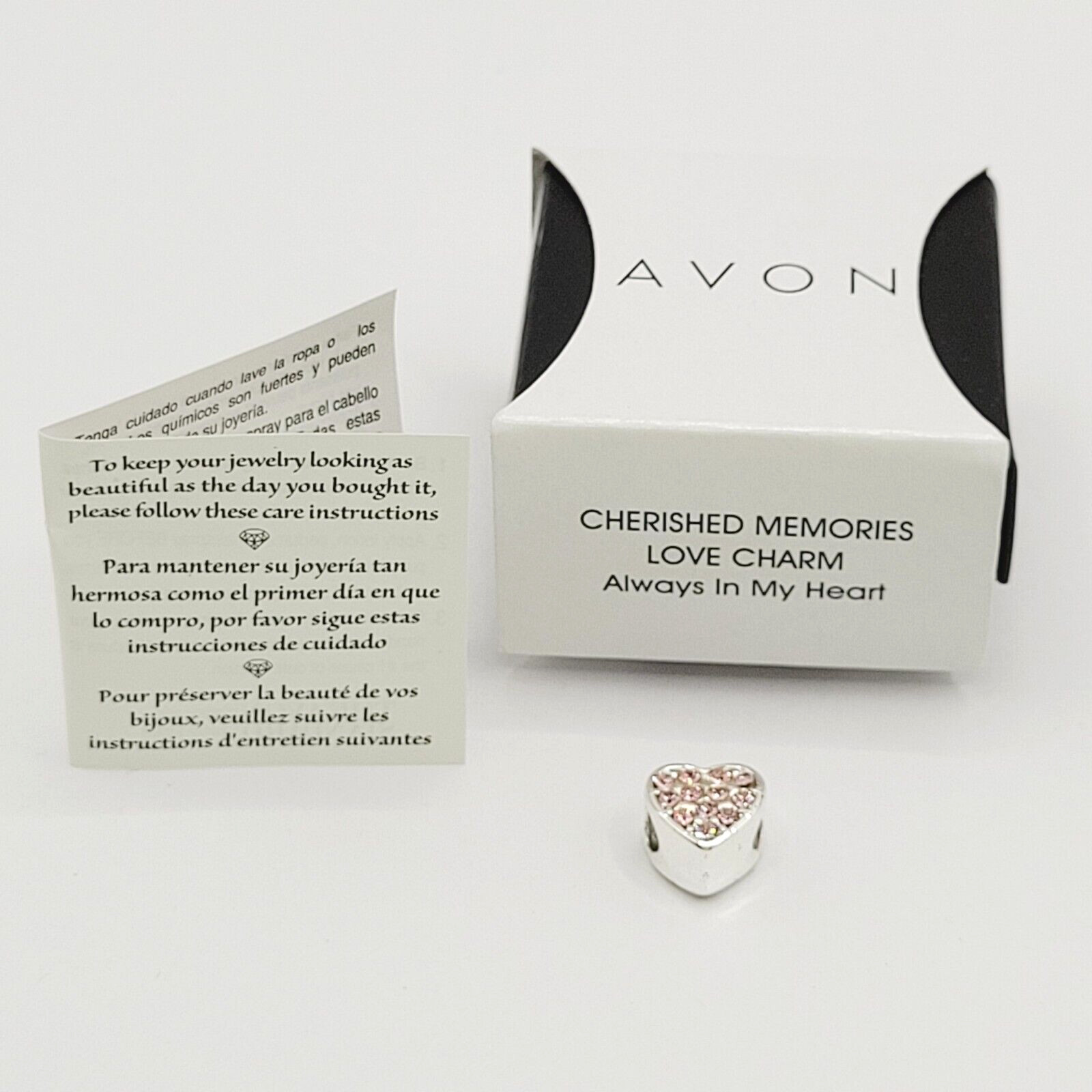 Avon Always in My Heart Pink Rhinestone Silver Tone Charm Cherished Memories